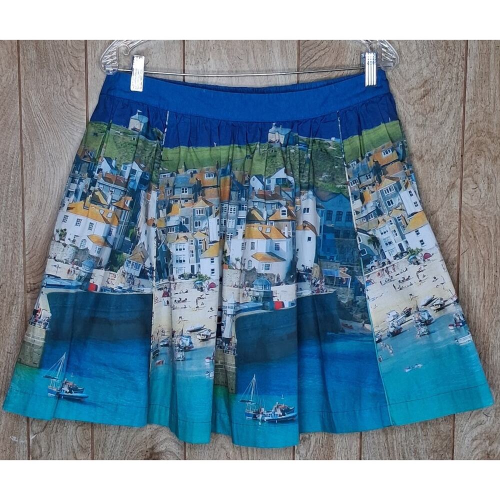 Ladies Boden Scenic Print Cotton Skirt Blue Coastal Village Seascape 10R